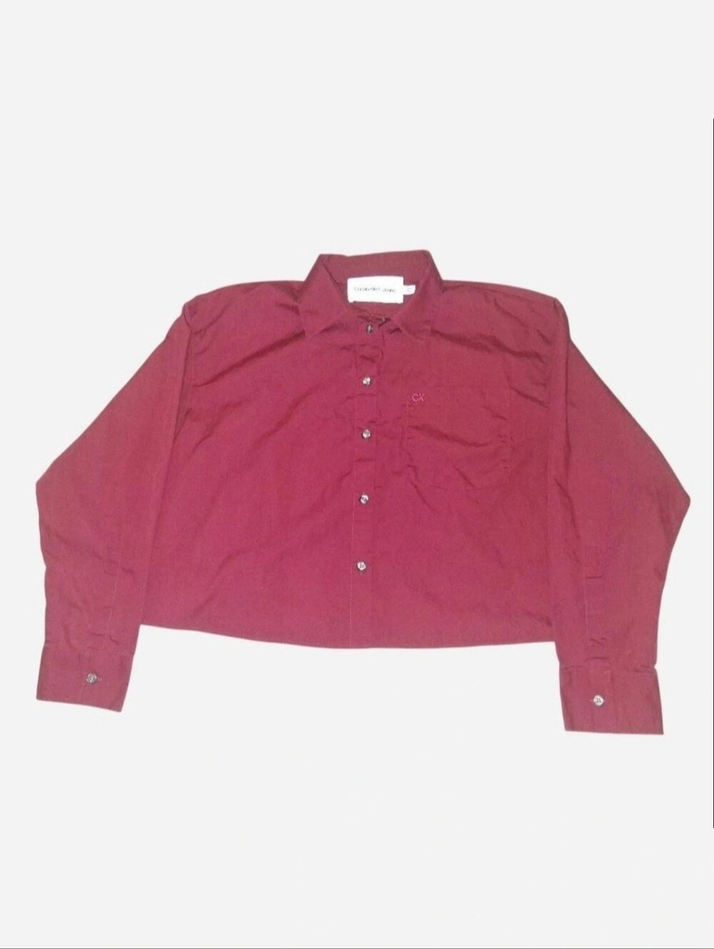 S | Calvin Klein cropped burgundy red button up dress shirt